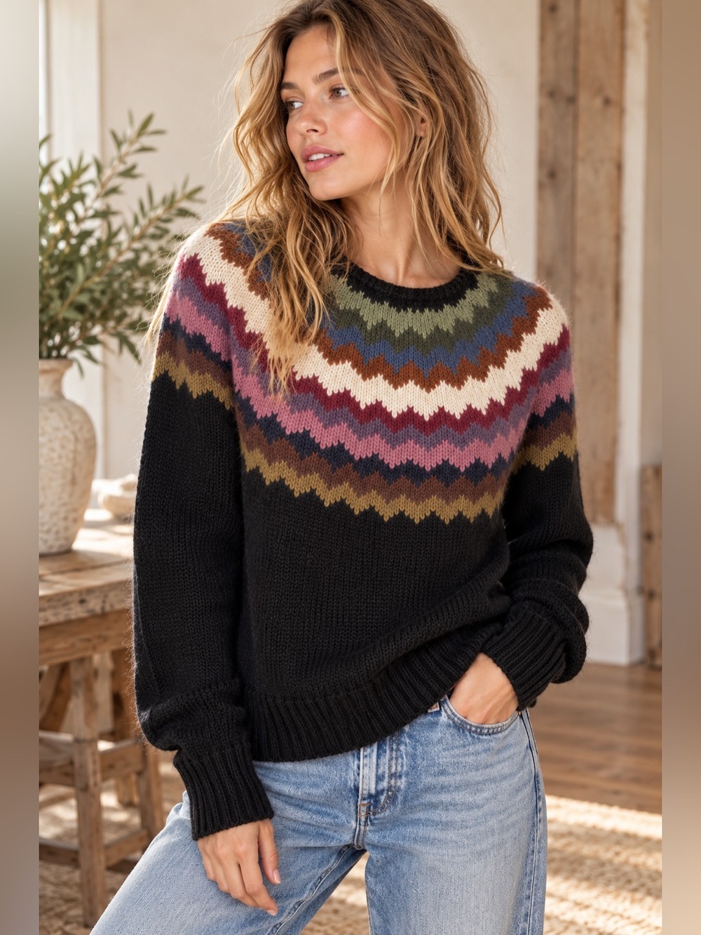 American Eagle Ahh-Mazingly Soft Sweater XS Fair Isle Nordic Wool Blend Black